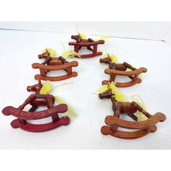 🐎 Set Of 5-Vintage Wooden Toy ORNAMENTS Rocking Horses Yarn Mane & Tail - Picture 4 of 14